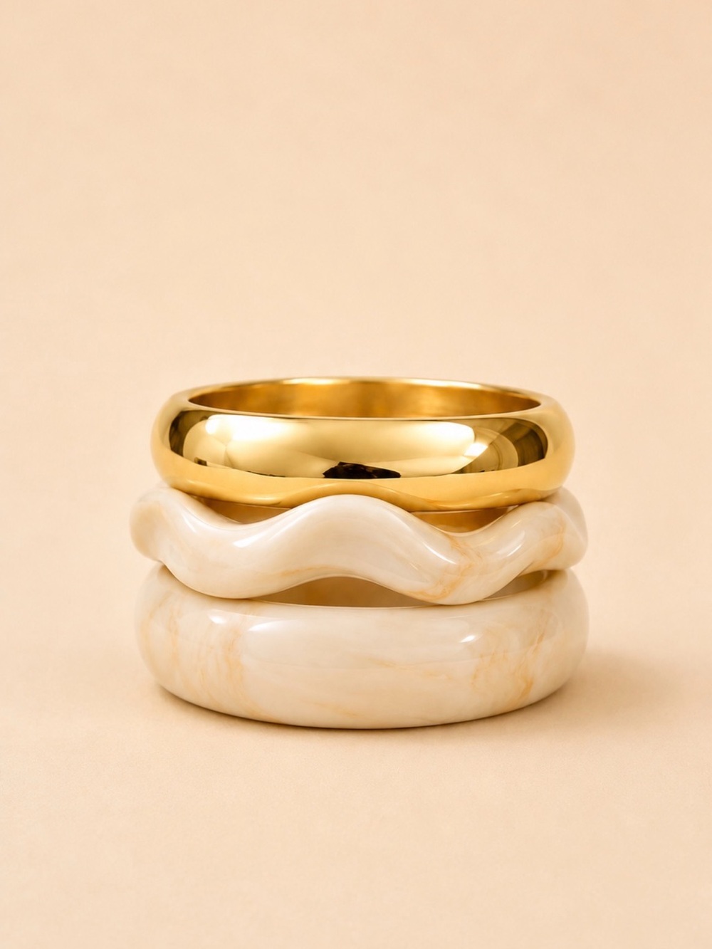 Gold and Cream Stacked Resin & Metal Rings - Women Jewelry